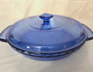 Anchor Hocking Cobalt Blue 1 Qt 9.5" Covered Casserole Dish w Lid Scalloped Edge